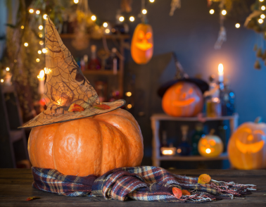 Image of pumpkins and Halloween lights